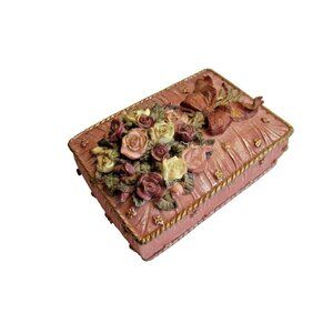 SAC*Victorian Style Rose Colored Floral Sculptured Motif Trinket Jewelry Box